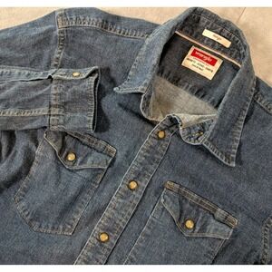 Wrangler Western Pearl Snap Indigo Denim Button Up Cowboy Selvedge Shirt Mens M